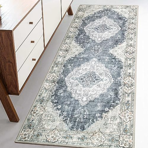 MUJOO Hallway Runner Rug Machine Washable Runner Rugs Non Slip Boho Blue Grey Runner Rug for Hallways Entryway Kitchen Bathroom Bedside Retro Soft Low-Pile 2'x6' Blossom - color: Blue Grey, size: 2' x 6' (Rectangular)