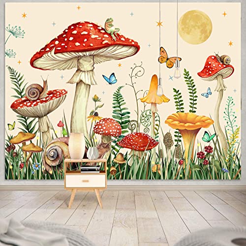 Zussun Red Mushroom Tapestry Moon Star Tapestries for Bedroom Aesthetic Beige Starry Night Green Plant Tapastrys Wall Hanging Butterfly Snail Frog Wall Tapestry for Living Room Dorm (Beige, 90" x 68") - color: Beige, size: 90"L x 68"W