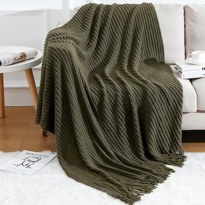 Blagic Knitted Throw Blanket for Couch Soft Farmhouse Boho Throw Blanket with Tassels Home Decorative Lightweight Throw Blankets,Dark Green Throws for Bed/Chair/Sofa, Wheat Textured, 50" W x 60" L - color: B-dark Green, size: 50 × 60 in