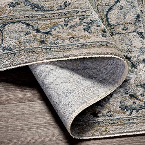 Hauteloom Claridge Living Room, Bedroom Area Rug - Medallion Floral Distressed Border Abstract - Traditional Oriental Transitional Turkish Farmhouse - Teal, Medium Gray, Beige, Gray, Blue - 2' x 2'11" - color: Teal, Medium Gray, Beige / Bushnella, size: 1