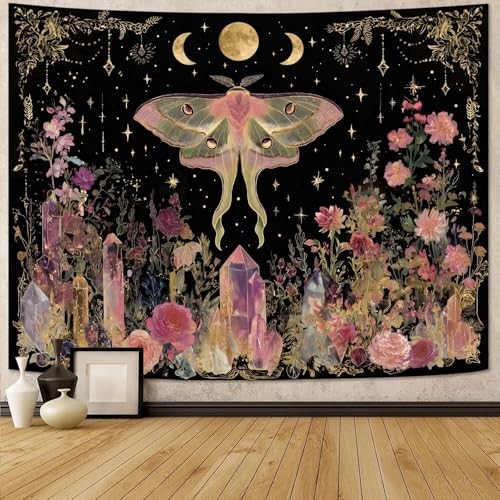 Gruaoihy Boho Moon Butterfly Floral Tapestry, Aesthetic Witchy Moon Phase Luna Moth Wall Hanging for Bedroom Living Room Decor, Black Pink 36x48 inches - color: Luna Moth, size: 48"L x 36"W