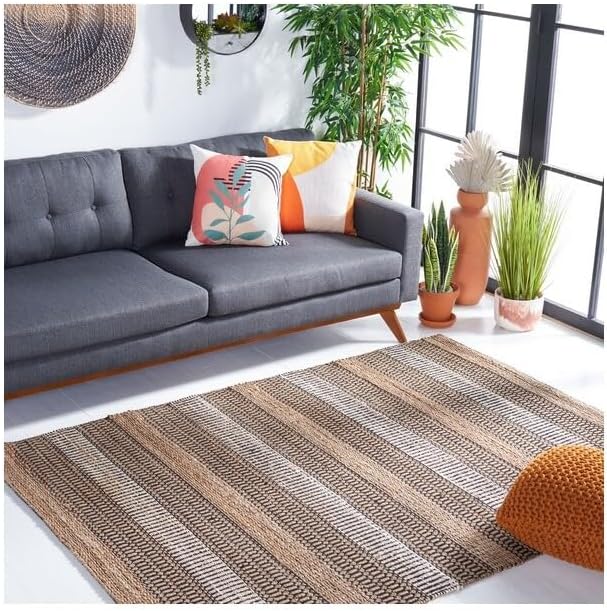 SAFAVIEH Area Rug 8x10 - Natural Fiber Collection - Large - Black & Natural, Handmade Flat Weave Stripe Jute & Cotton, Ideal for Living Room, Bedroom, Dining Space (NFB652Z)