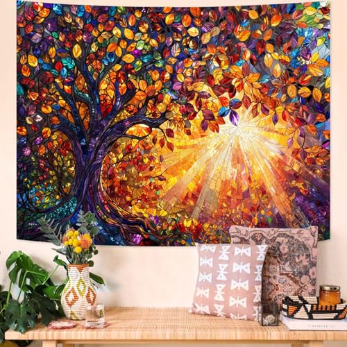 Lunerfex Tree of Life Tapestry Stained Glass Tapestry Wall Decor Tapestries for Bedroom Art Tapestries Wall Hanging for Bedroom Living Room Glass-Tree-03 44"x60" - color: Colorful Orange, size: 60"L x 44"W