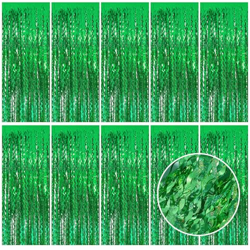 Tinsel Foil Fringe Curtains Wavy Backdrop for Parties Sparkle Metallic Wavy Foil Fringe Backdrop Curtain for Party Decorations Photo Booth Props for Birthday Graduation Wedding - color: Green, size: 10 Pack