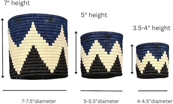 Handwoven African Planter Baskets (Set of 3) Sisal basket for Indoor Plant Pots Vase Home decor Storage Organizer Zen Designs Arts and Crafts (Geometric Blue and Black)