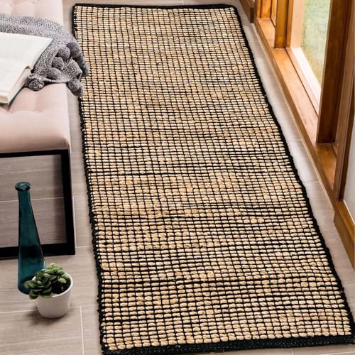 Chardin home 2x5 Jute Cotton Hand Woven Runner Rug | Braided Hallway Rug, Boho Rustic Style, Natural Jute/Black | Farmhouse Vintage Rugs for Entryway, Hallway, Foyer, or Kitchen - color: Natural Jute-black, size: 2' x 5' (Runner)