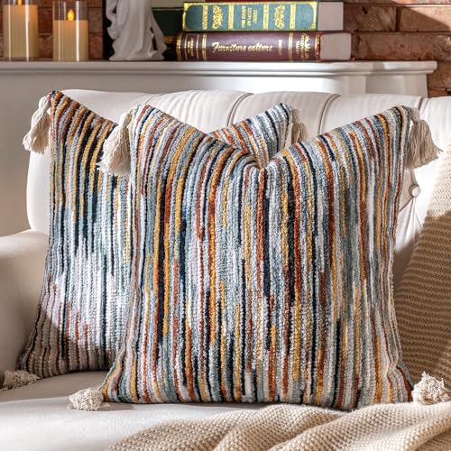 AmHoo Boho Throw Pillow Covers Set of 2 Decorative Bohemian Woven Tufted Striped Farmhouse with Tassels Textured Cushion Case Pillowcase Neutral for Sofa Couch Bed 18 x 18-Inch Black Brown - color: Black Brown, size: 18" x 18" (Pack of 2)