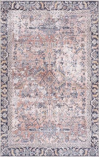 Hauteloom Wentworth Collection Urmia - Machine Washable Oriental Living Room Kitchen Bedroom Dining Room Area Rug - Abstract Vintage Distressed Boho Style - Pink, Blue, Burgundy - 7'10"x10'3" - color: Peach, Burgundy, Yellow / Holli, size: 7'10" x 10'3" (