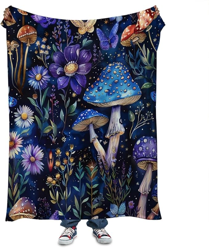 Cute Whimsical Mushroom Throw Blanket Aesthetic Dark Botanical Florals Throw,Witchy Gifts for Women,Gothic Gifts,Soft Cozy Warm Moth Witchy Plush Blanket Throw for Women Girls Mom 70"x80"