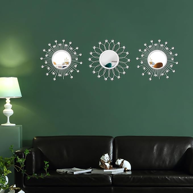 3 Pack Metal Mirrors for Wall Sunburst Wall Mirrors Home Décor Decorative Hanging Wall Art for Living Room Bedroom Entryway (Silver Crystal, Flower+Sunburst)