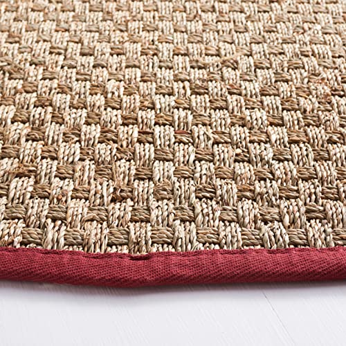 SAFAVIEH Area Rug 6' Round - Natural Fiber Collection - Natural & Red, Seagrass, Basketweave Pattern with Border (NF114D) - color: Natural/Burgundy Red, size: 6' (Round)