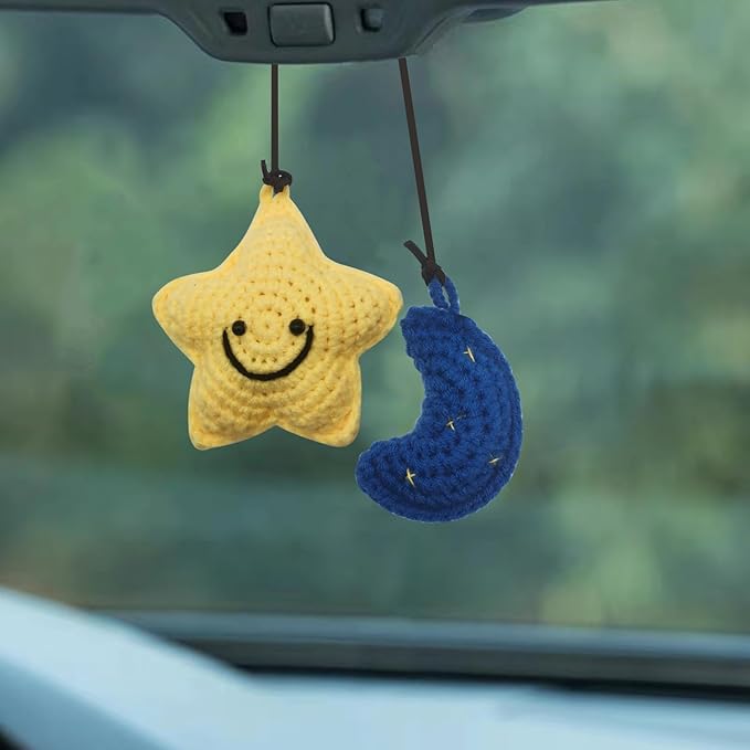 Car Rearview Mirror Hanging Ornament, Crochet Flower Basket Plant Accessories, Handmade Knitted Car Ornament Boho Accessories for Women (Star and Moon)