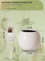 TAMAYKIM 6 Inch White Hanging Planter with Durable Rope - Drum Shape Flower Pot for Indoor Outdoor Plants, Balcony Garden Decor (Plants Not Included)