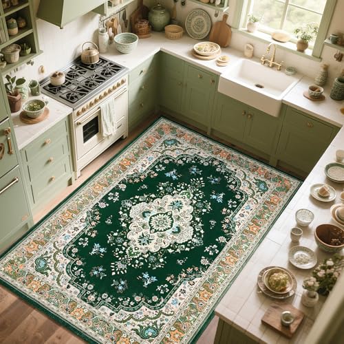 HOMORE 4x6 Washable Rug Green Rugs for Bedroom, Non Slip Rug for Living Room, Faux Wool Throw Carpet for Kitchen, Vintage Rugs for Entryway for Dinning Room Office - color: Deep Green, size: 4' x 6' (Rectangular)