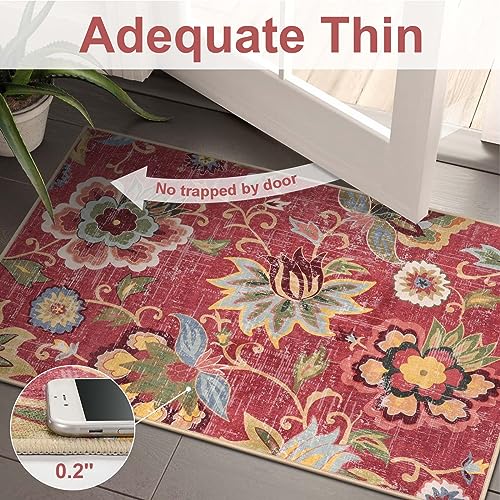 Beeiva Floral Washable Runner Rug 2x6, Red Christmas Runners Rug for Hallway with Rubber Backing, Ultra Thin Vintage Non Skid Washable Carpet for Bedroom Entrway Laundry Room - color: Red, size: 2' x 6' (Rectangular)