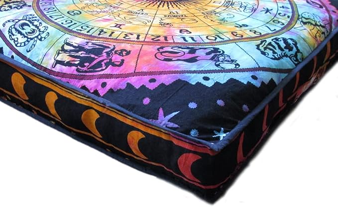 CRAFT KALA Mandala Floor Pillow Cushion Cover Seating Throw Cover Hippie Decorative Bohemian Ottoman Poufs Pom Pom Pillow Cases Boho Indian Cotton Living Room Yoga Home Décor 35" Square, Multi Zodiac