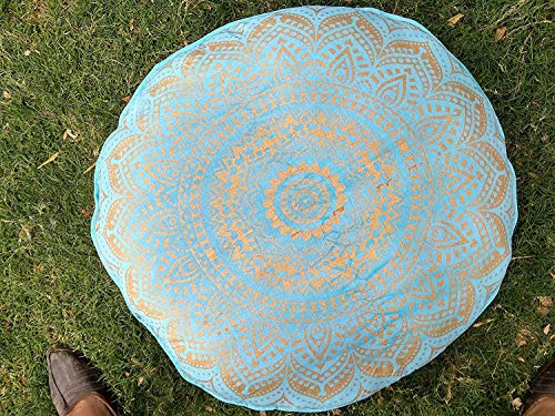 Mandala Barmeri Large Floor Pillow Cover Cushion Meditation Seating Ottoman Throw Cover Hippie Decorative Zipped Bohemian Pouf Ottoman Pom Pom Pillow Cases Black Silver Elephant Flower, 32 inch Round - color: Blue, size: 32" Round