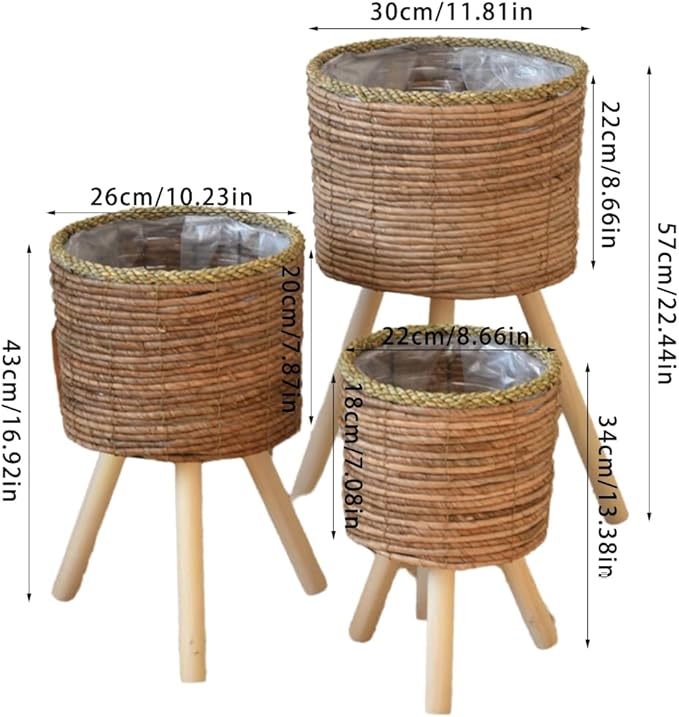 Woven Rattan Woven Plant Pot On Wooden Standing Legs, Round Floor Rattan Plant Stand Holder, Wicker Plant Basket with Stand for Living Room Balcony Home Decor