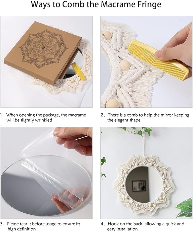 Artilady Macrame Hanging Wall Mirror - Boho Fringe Round Handmade Decorative Acrylic Mirror for Apartment Living Room Bedroom Baby Nursery Home Decor (Wood Beads)