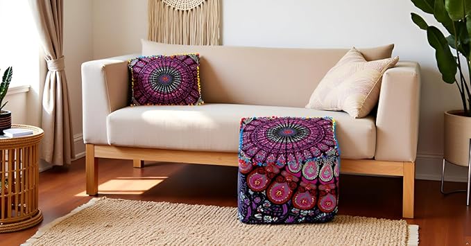 CRAFT KALA Indian Square Patchwork Traditional Pouf Cover Indian Living Room Poufs Cover Decorative Designer Ottoman Home Living Footstool Chair Cover Ottoman Decor 20X20X14 inches, Pink Mirchi