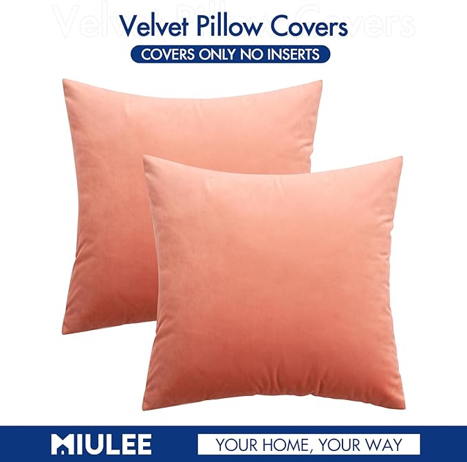 MIULEE Velvet Throw Pillow Covers 18x18 Inch, Pack of 2 - Coral Red, Soft Solid Decorative Pillow Covers Cushion Cases Modern Luxury Home Decor for Spring Couch Sofa Bedroom Livingroom