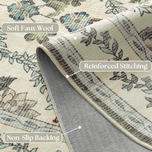 Green Floral Living Room Rug 5x8 Olive Green and Beige Area Rug Washable Bedroom, Low-Pile Soft Dining Room Farmhouse Boho Cottage Aesthetic Vintage Floor Covering Print Playroom Carpet - color: Olive / Beige, size: 5' x 8' (Rectangular)