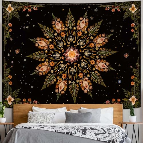 Fowocu Boho Floral Mandala Tapestry for Bedroom Aesthetic Vintage Bohemian Flower Wall Tapestry Black Green Hippie Indian Extra Large Tapestries Wall Hanging for Living Room Dorm Decor 90 x 68 Inch - color: Black Green, size: 90"L x 68"W
