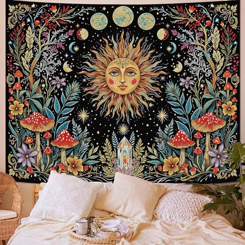 Accnicc Boho Sun and Moon Tapestry Hippie Mushroom Floral Wall Tapestry for Bedroom Aesthetic Vintage Plant Celestial Spiritual Small Tapestries Wall Hanging for Dorm Living Room Decor 60 x 44 Inch - color: Yellow Red, size: 60"L x 44"W
