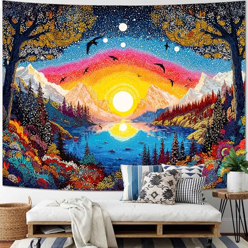 Spenlife Mountain Lake Birds Sunrise Wall Tapestry, Trippy Scenic Landscape Tapestries for Living Room Decor, Peaceful Tapestry 90x70 Inch - color: Orange, size: 90"L x 70"W