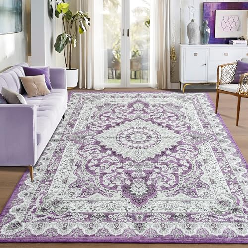 Foxmas 5x7 Area Rugs for Living Room, Machine Washable Vintage Rug, Non-Slip Low Pile Throw Rugs with Rubber Backing Washable Carpet for Bedroom Dining Room Kitchen Home Decor, Purple - color: Purple, size: 5' X 7' (Rectangular)