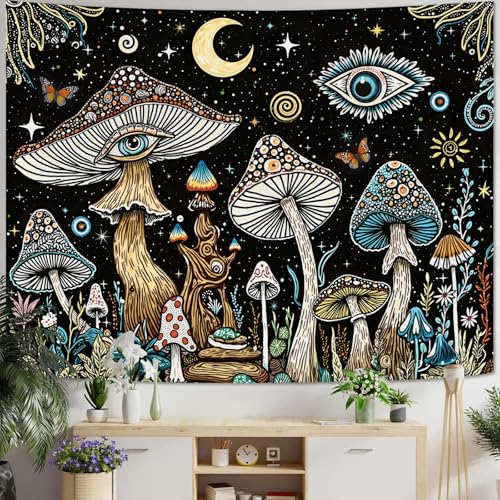 Accnicc Hippie Mushroom Tapestry Abstract Fantasy Plant Wall Tapestry for Bedroom Aesthetic Art Moon Star Eye Butterfly Small Tapestries Wall Hanging for Dorm Living Room Decor 60 × 44 Inch - color: Black Green, size: 60"L x 44"W