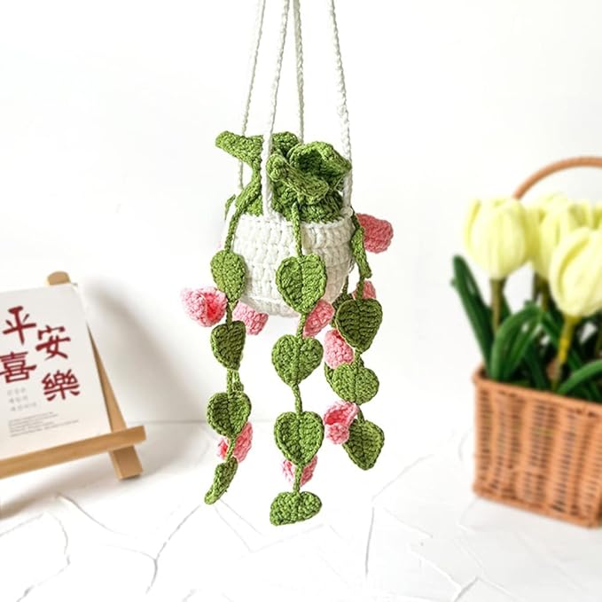 Crochet Hanging Plant for Car, Cute Car Plant Accessories, Knitted Plant Car Mirror Hanger, Boho Car Plant Crochet Hanging Basket (C)
