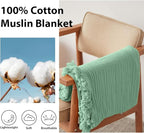 Simple&Opulence Cotton Muslin Throw Blanket for Bed, Couch, Knit Woven Gauze Blanket with Tassels, Soft Lightweight Cozy Pre-Washed Breathable Farmhouse Decoration for All-Season (Mint Green)