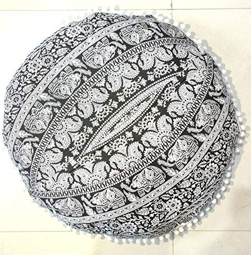 24" Black white Elephant Flower Mandala Barmeri Large Floor Pillow Cover Cushion Meditation Seating Ottoman Throw Cover Hippie Decorative Zipped Bohemian Pouf Ottoman Pom Pom Cases 24 " round - color: Black and White, style: 24 Inch Round