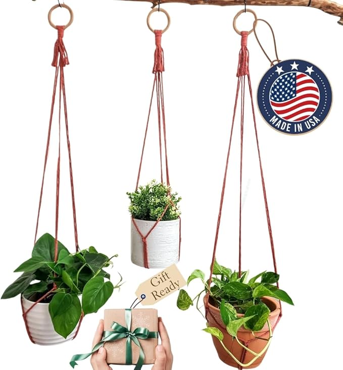 Set of 3 Macrame plant hanger for pots 4-10” live plants indoor and outdoor decor hanging plant holder Boho décor Plant stand Indoor plant shelf for Hanging planter for plant pots (Cafe Latte)