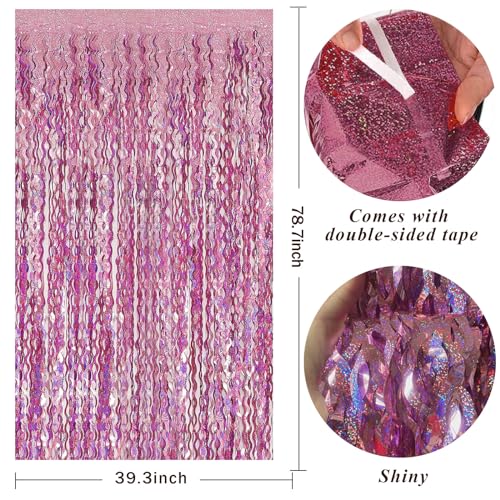 Pink Streamers Fringe Backdrop Party Decorations Tinsel Foil Fringe Curtains Wavy Sparkle Metallic Pink Curtain Photo Booth Props for Birthday Wedding Valentines Day Bachelorette Decorations - color: Pink, size: 2 Pack