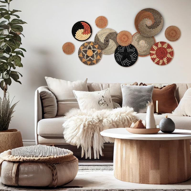 Tatuo 11 Pcs Boho Wall Basket Decor Bulrush Woven Wall Hanging Art Round Farmhouse Rustic Handmade Wicker for Summer Home, Bedroom, Living Room, Kitchen Decorations, Multi Sizes(Classic) - style: Classic