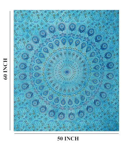 FURNISHFUL FINESSE Handmade Cotton Peacock Mandala Tapestry - Vibrant Turquoise Ombre Boho Wall Decor, Bohemian Hippie Room Hanging for Bedroom & Living Room - 50X60 Inches - color: Turquoise, size: 60"L x 50"W