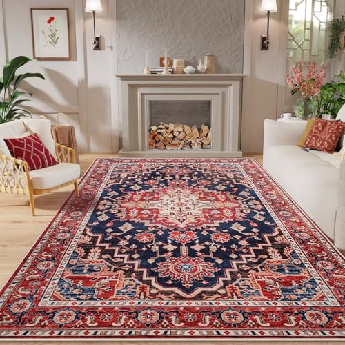 Amearea Vintage Design Area Rugs for Living Room, 4x6 Machine Washable Floral Collection Traditional Bedroom Rug, Low Pile Dinning Room Carpet, No Slip Office Kitchen Home Decor, Red and Blue - color: Red/Blue, size: 4' X 6' (Rectangular)