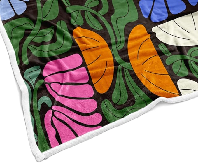 Boho Abstract Colorful Floral Throw Blanket, Vintage Retro Patchwork Pink Blue Green Flower Botanical Geometric Aesthetic Groovy Flannel Throw Blanket for Chair Bed Sofa Couch, 60X70IN
