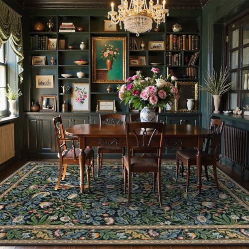 Beeiva Vintage Bird Washable Rugs for Living Room 5x7, Botanical Non Slip Stain Resistant Dining Room Rugs for Under Table, Floral Soft Carpet for Bedroom Dorm Classroom Decor (Dark Green/Navy Blue) - color: Dark Green/Blue, size: 5' x 7' (Rectangular)