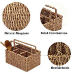 PEMAR Large L-Sized Hand Woven Utensil Caddy Carrier, Natural Jute Wicker Condiment Holder for Table, Kitchen Set Counter Top Silverware Organizer, Rustic Storage for Forks, Spoons, Seagrass