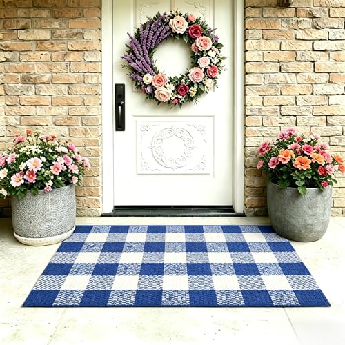 MUBIN Cotton Blue White Plaid Rug, 27.5''x 43'' Checked Outdoor Rug Front Door Decorative Mat, Hand-Woven Washable Reversible Foldable Rug for Front Porch, Entryway (43''L x 27.5''W, Blue White Plaid) - color: Blue White Plaid, size: 2'3" x 3'7" (Rectangu