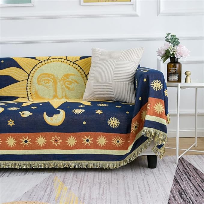 Hippie Throw Blanket Sun Moon Stars Boho Throw Blankets Celestial Tapestry Double-Sided Reversible Woven Cotton Home Decor Bedding Chair Couch Recliner Cover Oversized Tassels Astrology 70"x90"