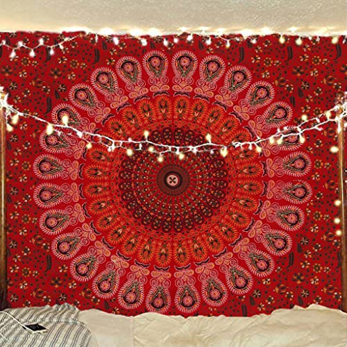 Bless International Handmade Indian hippie Bohemian Psychedelic Peacock Mandala Wall hanging College Dorm Beach Throws Table Cloth Bedding Tapestry (Golden Red, Poster(30x40Inches)(76x101cms)) - color: Golden Red, size: 40"L x 30"W