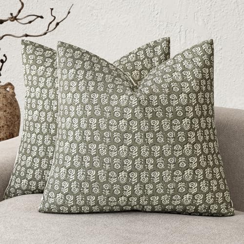 Foindtower Set of 2 Decorative Vintage Floral Print Throw Pillow Covers Neutral Modern Farmhouse Cushion Covers Boho Home Decor for Sofa Chair Couch Bedroom Living Room,18×18 Inch,Sage Green - color: Mosstone, size: 18" x 18" (Pack of 2)