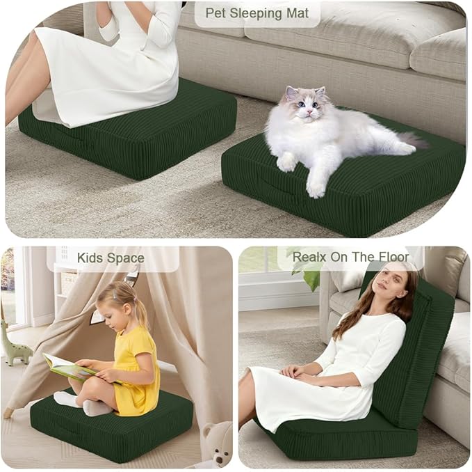 Floor Pillow for Adults, 4" Square Floor Cushions with Washable Cover, Large Corduroy Meditation Pillow, 22 inches Tatami Seat with Handle for Living Room or Yoga, Green