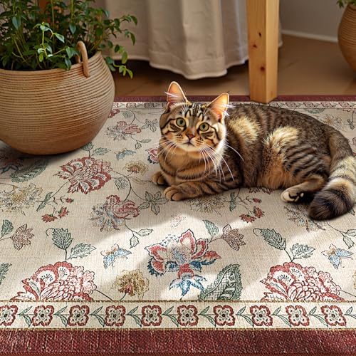 jinchan Elora 2x3 Floral Rug for Entryway Washable Kitchen Rug Vintage Romance Design Small Mat Non Slip Indoor Doormat Lightweight Low-Profile Throw Carpet for Entrance Laundry Room, Red/Beige - color: Bloom Red/Beige, size: 2' x 3' (Light Weight)