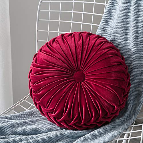 MOCOFO Round Velvet Throw Pillow, Pumpkin Shape Decorative Floor Cushion, Handcrafted Pleated Design, 14 and 16 Inch Diameter, Multiple Colors, Polyester Fill (Wine red, 14") - color: Wine Red, size: 14"