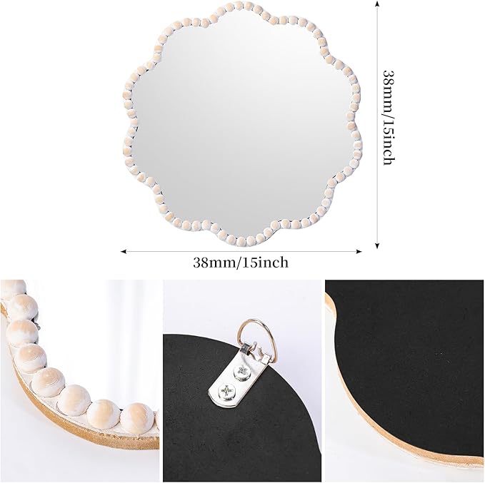SWTHONY 15inch Small Boho Beaded Flower Mirror for Wall Decor, Cute Decorative Hanging Wooden Circle Nursery Mirrors for Girl Room, Bedroom, Livingroom